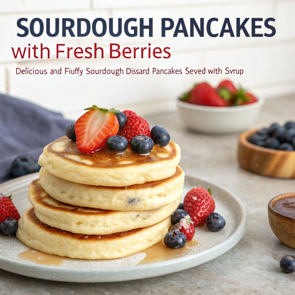 A stack of fluffy sourdough pancakes topped with fresh berries