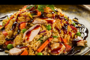 A plate of colorful fried rice with chicken and vegetables.