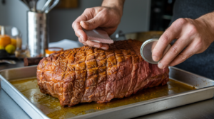 Applying a wet rub with beef bouillon powder to brisket.