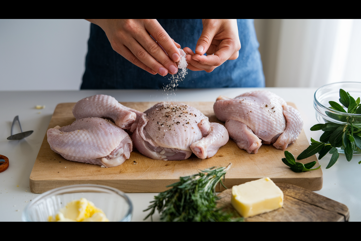 Chicken thighs and legs being seasoned with salt and pepper on a cutting board.