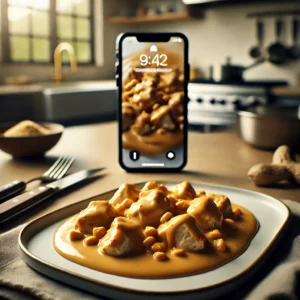 Freshly cooked chicken in a creamy peanut butter sauce, garnished with crushed peanuts and cilantro, served on a white plate in a modern kitchen