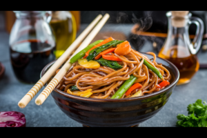 A steaming bowl of vegetable stir fry noodles with vibrant peppers, snap peas, and carrots, garnished with sesame seeds and cilantro.