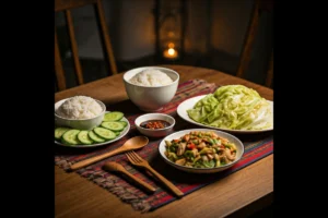 Hmong cabbage and chicken served with jasmine rice and cucumber salad