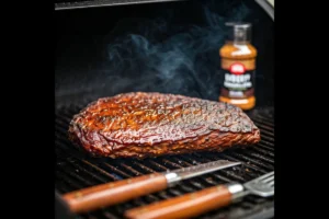 Smoked brisket on a barbecue smoker with beef bouillon seasoning.