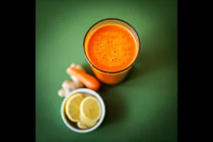 A glass of carrot juice next to ginger and lemon slices