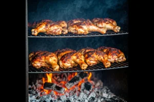 Smoked chicken legs and thighs inside a smoker with wafting smoke.