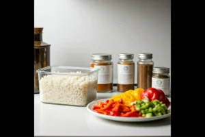 Meal prep containers with cooked rice and vegetables