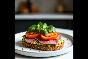 Corned beef and avocado toast with tomato slices.