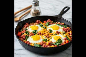 Skillet of corned beef and egg scramble with vegetables