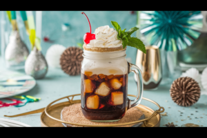 A festive dirty soda served in a mason jar with whipped cream and a cherry