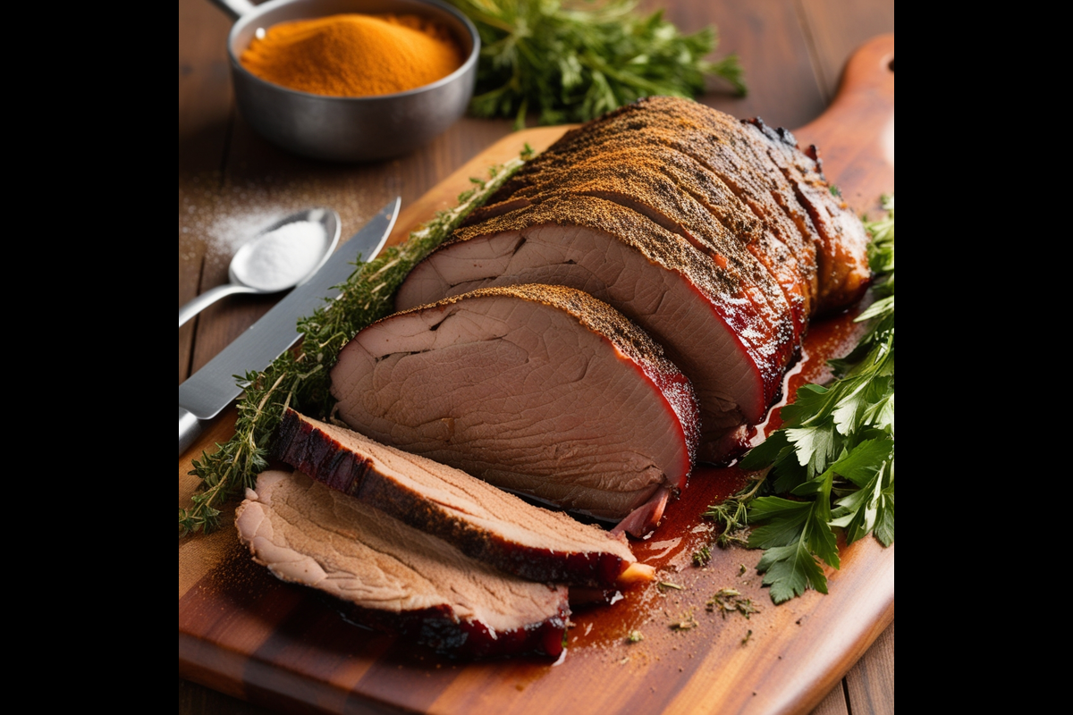 Juicy sliced brisket seasoned with beef bouillon powder on a wooden board.