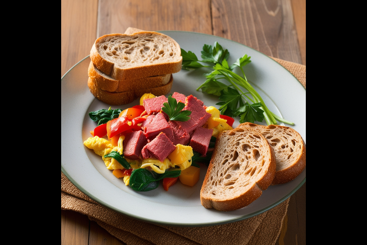 Plated canned corned beef breakfast with toast and vegetables.