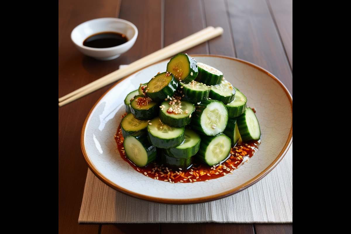 Din Tai Fung cucumber salad garnished with sesame seeds and chili oil.