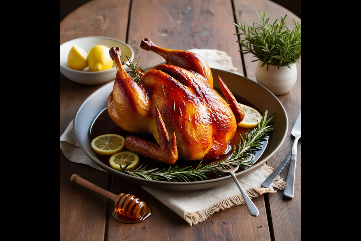 Roasted Cinnamon Queen chicken garnished with rosemary and lemon slices.