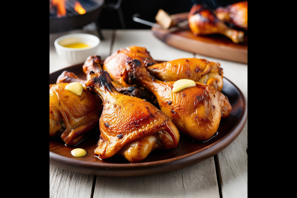 Perfectly smoked chicken legs and thighs with crispy skin on a wooden platter.