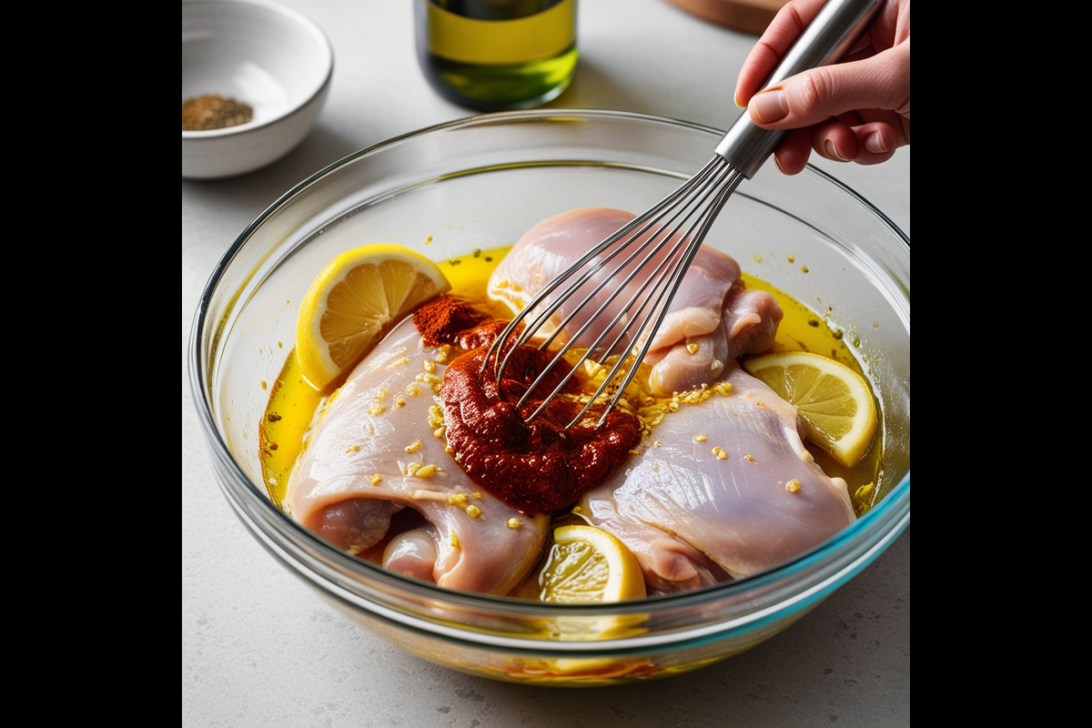 Raw chicken being marinated with vibrant spices