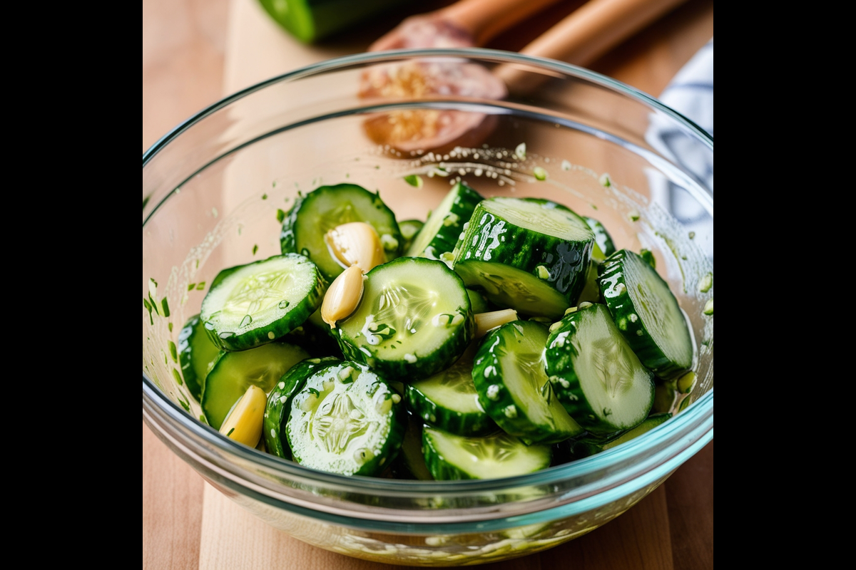 Cucumber salad marinating in a soy-based dressing.