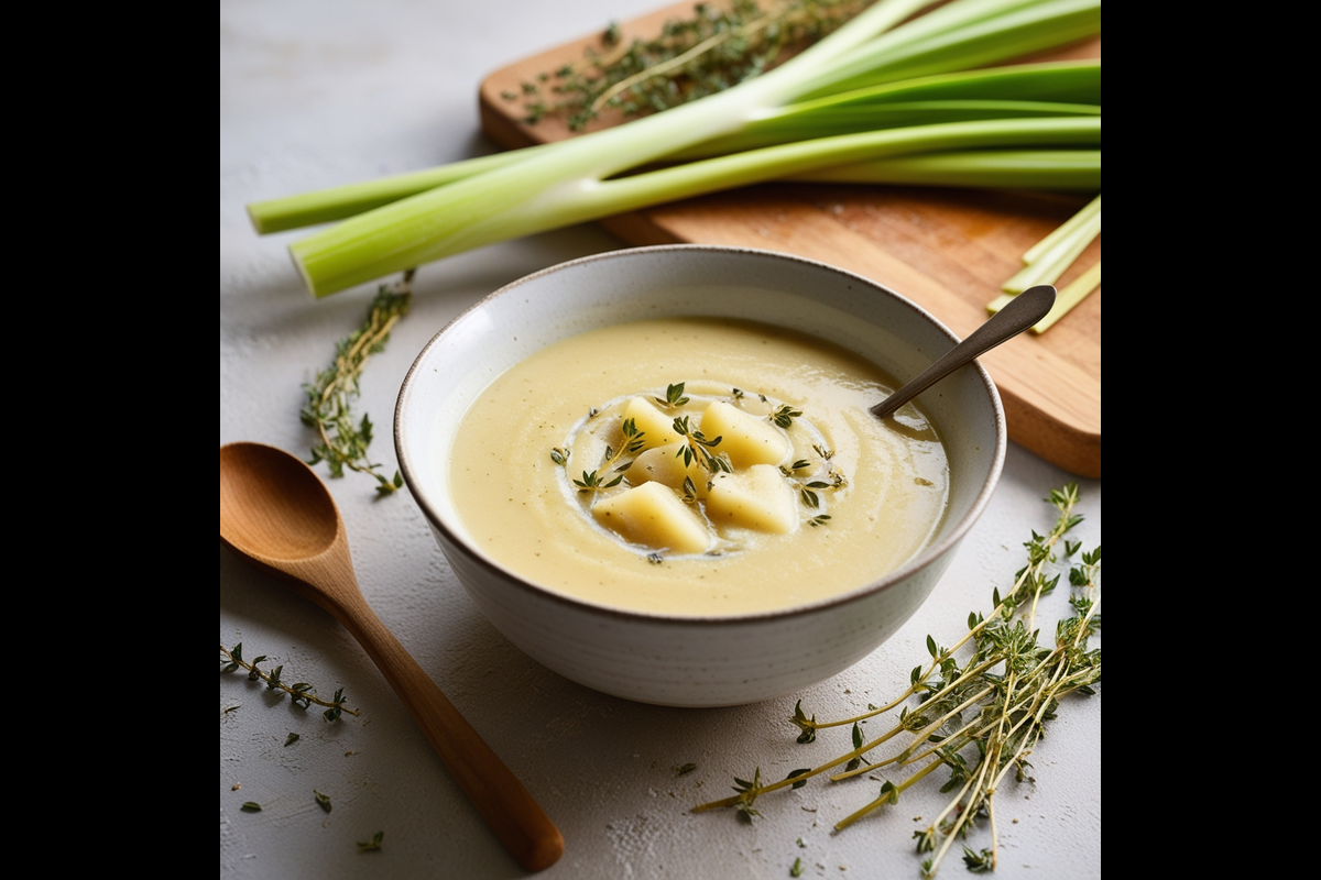 A bowl of creamy hearts of palm soup garnished with thyme, set on a rustic wooden surface