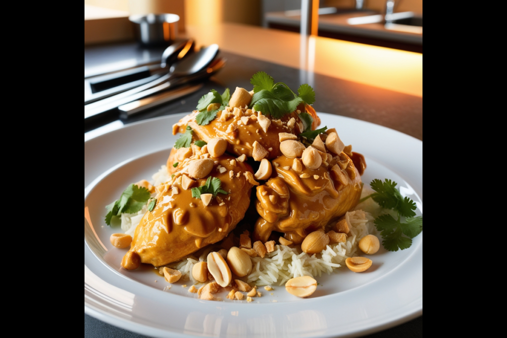 Freshly plated peanut butter chicken in a modern kitchen
