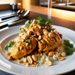 Freshly plated peanut butter chicken in a modern kitchen