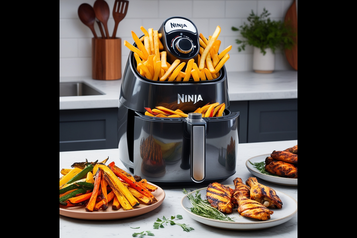 Ninja air fryer with fries, vegetables, and chicken wings