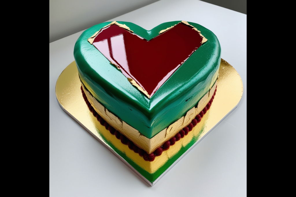 A geometric heart-shaped mousse cake with a glossy green mirror glaze, red center, and gold accents, sitting on a golden heart-shaped base.