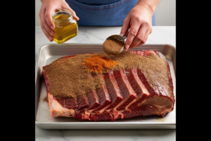 Applying a wet rub with beef bouillon powder to brisket