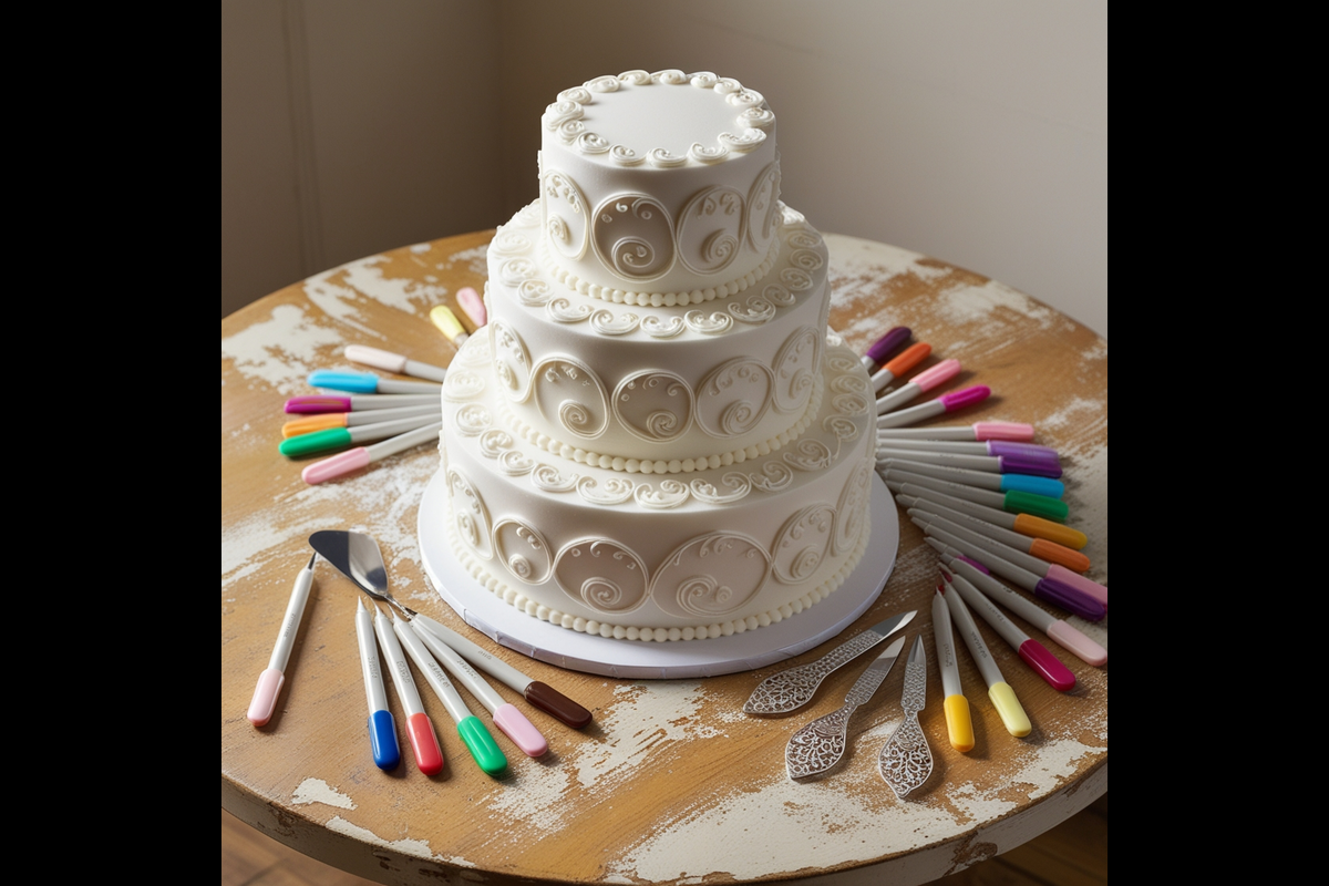 A decorated white fondant cake with intricate designs made using cake pens.