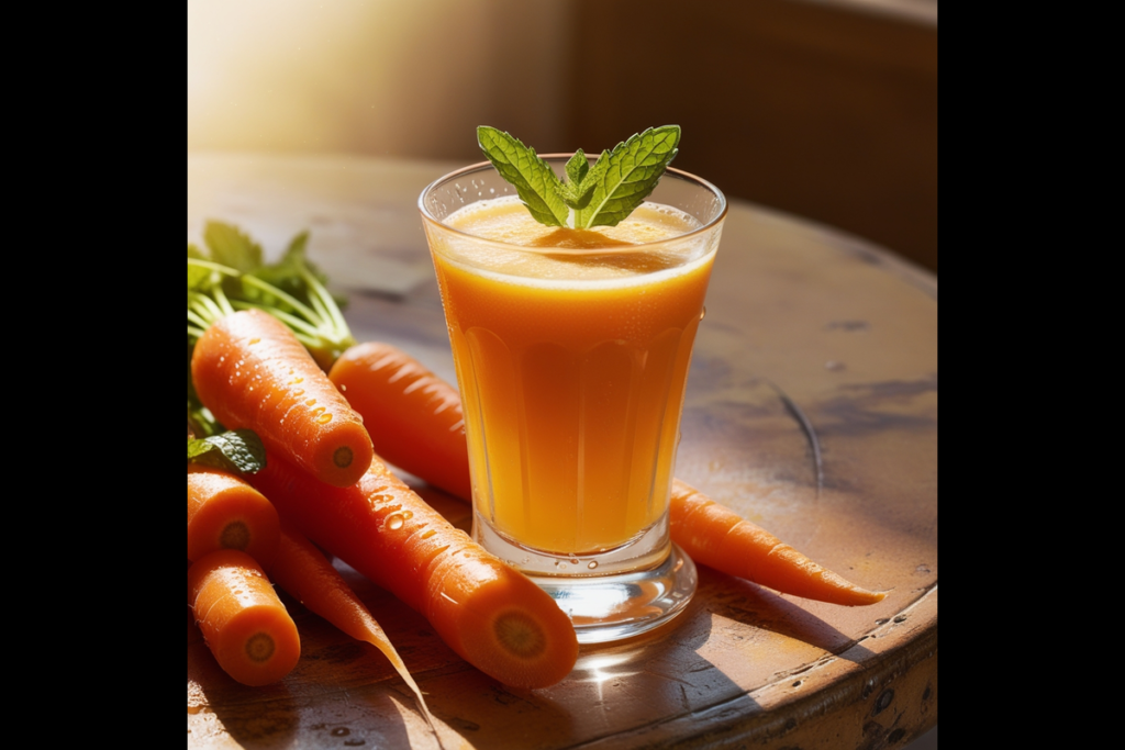 A glass of freshly made carrot juice garnished with mint and fresh carrots on a rustic table.