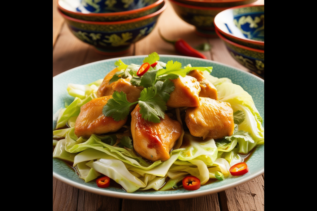 Authentic Hmong Cabbage and Chicken garnished with cilantro and chilies