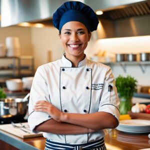 A vibrant professional portrait of a confident woman wearing business attire, set against a neutral background : About me