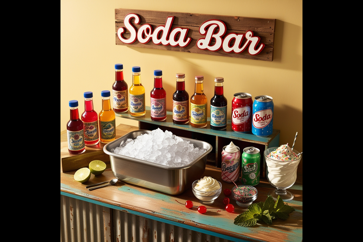 A colorful soda bar setup with syrups, soda, and garnishes