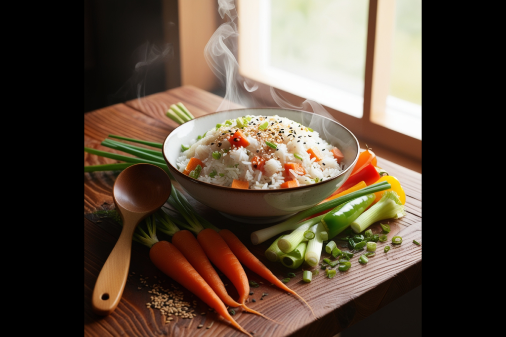 A bowl of rice with vegetables in a cozy kitchen