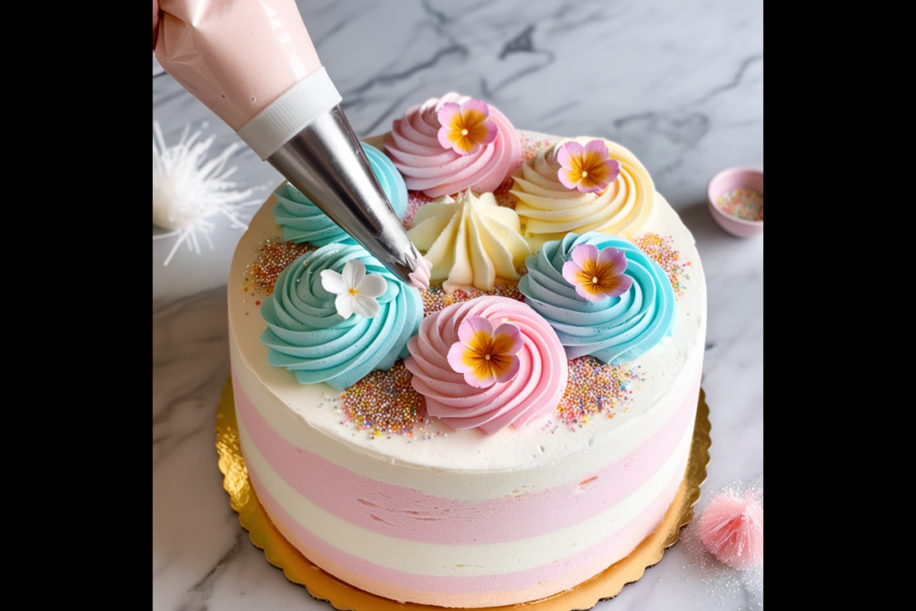 Cotton candy cake being decorated with frosting and edible flowers.