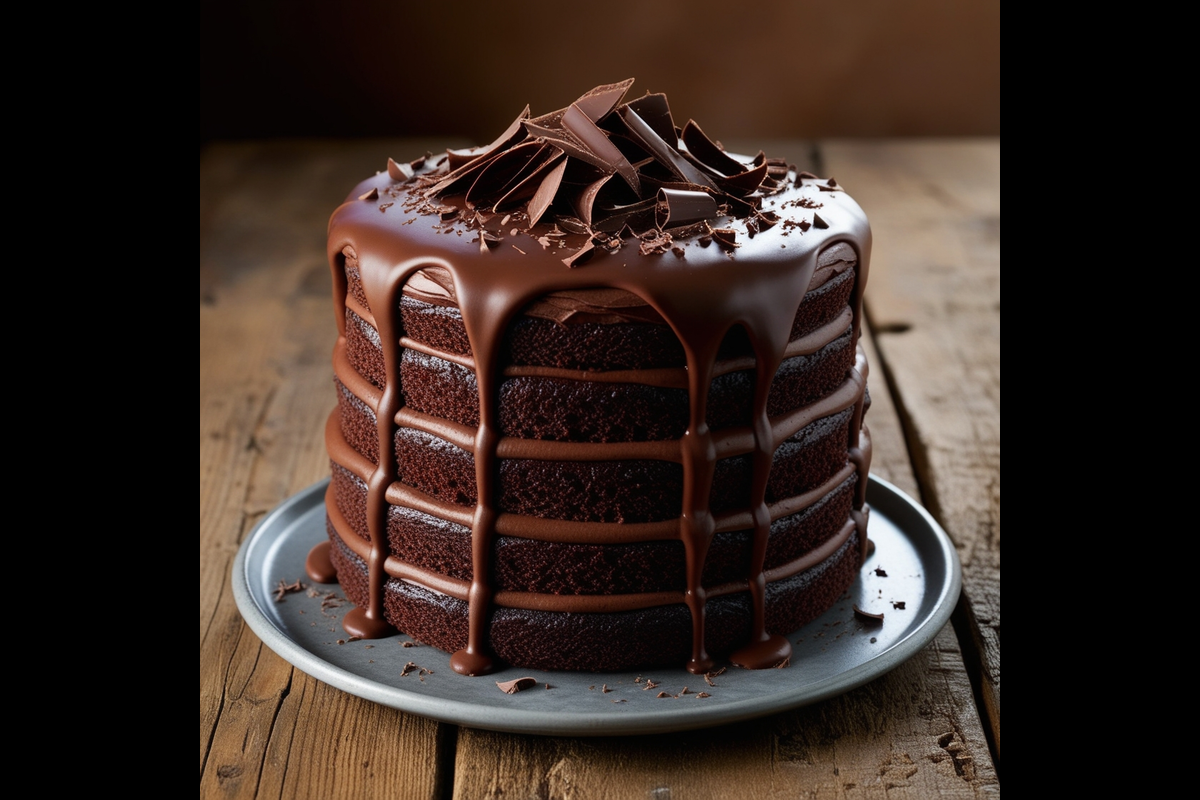 A rich chocolate cake with layers of ganache, topped with chocolate shards and a glossy drip glaze, on a rustic wooden surface.
