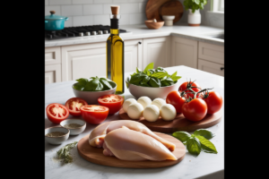 Fresh ingredients for Grilled Chicken Margherita arranged on a kitchen counter, including raw chicken breasts, tomatoes, basil, mozzarella, and olive oil.