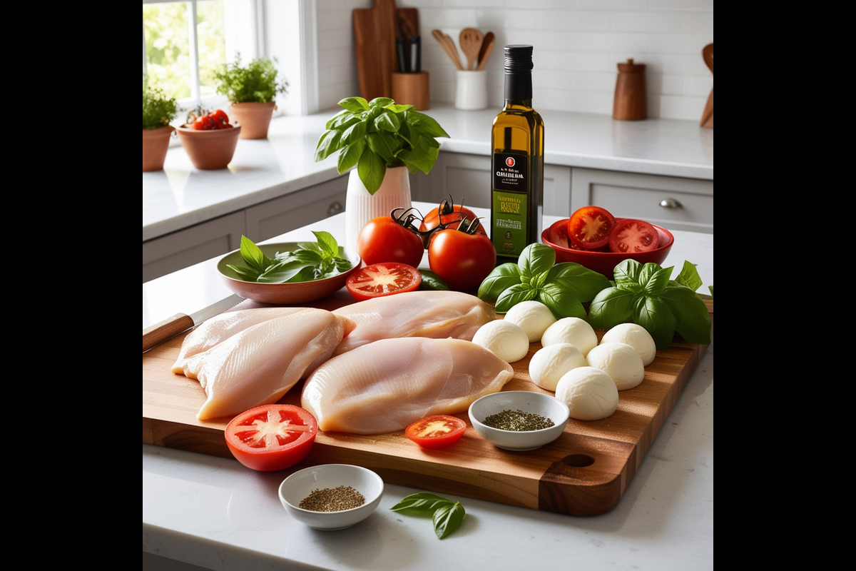 A wooden cutting board with ingredients for Grilled Chicken Margherita, including raw chicken breasts, fresh mozzarella, tomatoes, basil, and olive oil.