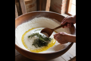 A large wooden bowl filled with flour, rosemary, and olive oil, being mixed with a wooden spoon for preparing bread dough.