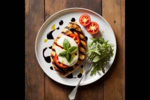 A plated Grilled Chicken Margherita topped with fresh mozzarella, basil, and sliced tomatoes, drizzled with balsamic glaze, served alongside arugula.