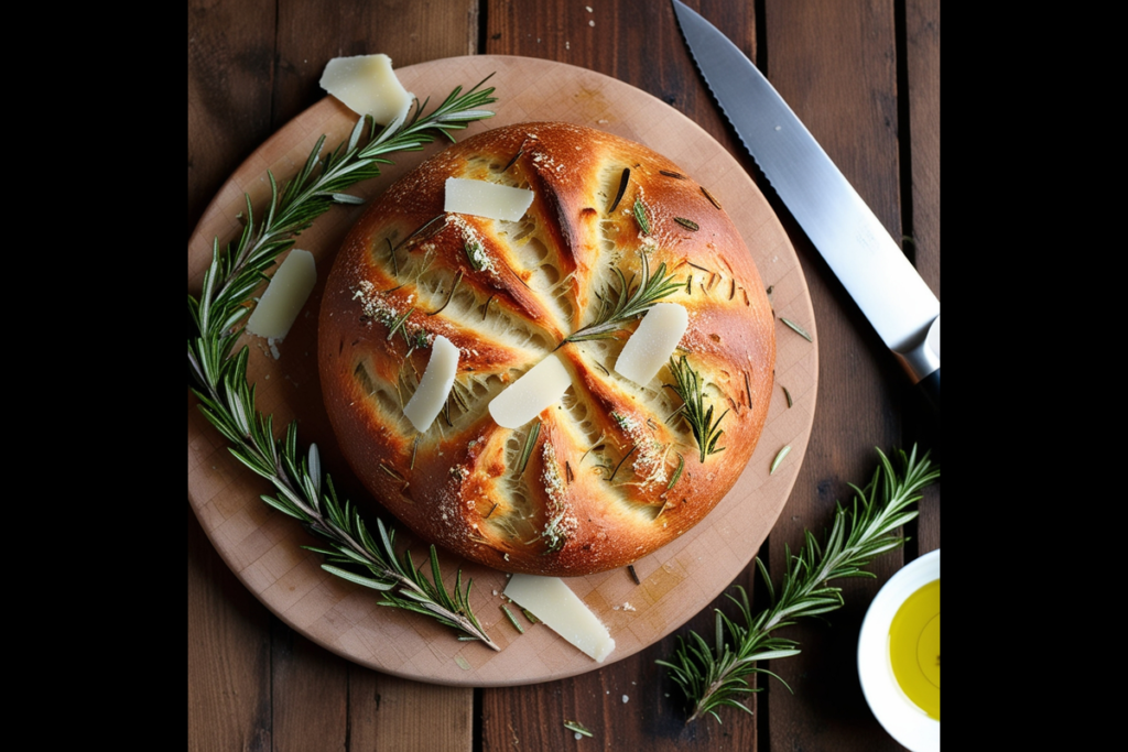 A golden-brown round loaf of Rosemary Parmesan Bread garnished with rosemary sprigs and Parmesan shavings on a wooden board.