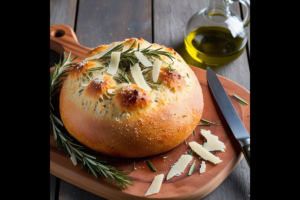A freshly baked Rosemary Parmesan Bread loaf on a cutting board, surrounded by rosemary, Parmesan shavings, and a jar of olive oil.