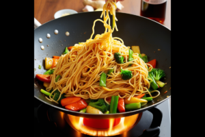 Noodles being lifted from a hot wok filled with stir-fried vegetables like broccoli, carrots, and snap peas on a lit stove.