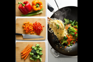 Step-by-step preparation of vegetable stir fry noodles showing freshly chopped bell peppers, broccoli, and carrots alongside a steaming wok.