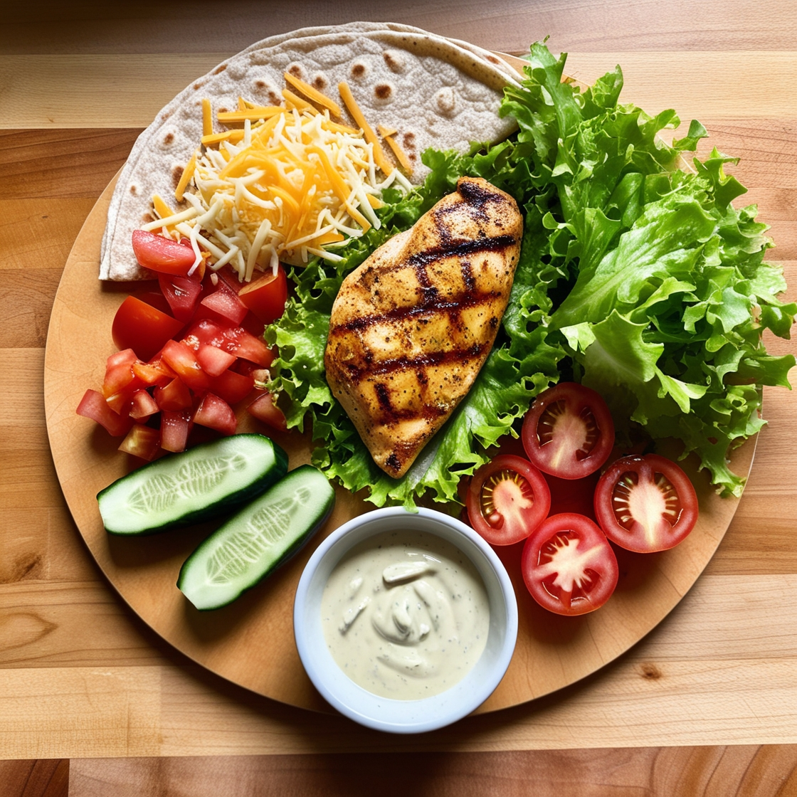 A deconstructed grilled chicken wrap with fresh veggies, shredded cheese, and ranch dressing, perfect for a customizable meal idea.