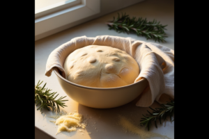 A soft, proofed bread dough in a bowl covered with a linen towel, with sprigs of rosemary and Parmesan nearby in golden morning light.