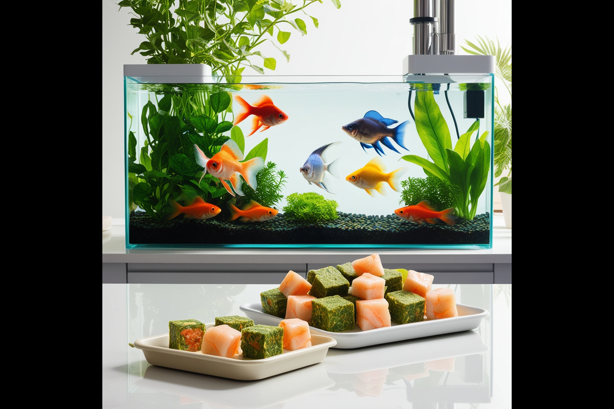 A vibrant home aquarium with colorful fish and plates of homemade fish food cubes in the foreground.