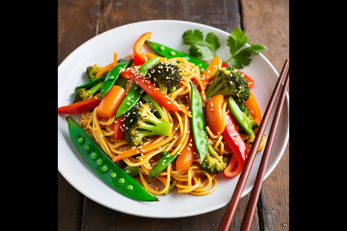 A white plate of colorful stir fry noodles garnished with sesame seeds, featuring broccoli, snap peas, and bell peppers.
