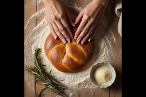 Hands shaping a braided loaf of bread dough on a floured surface, with rosemary sprigs and a bowl of Parmesan nearby.
