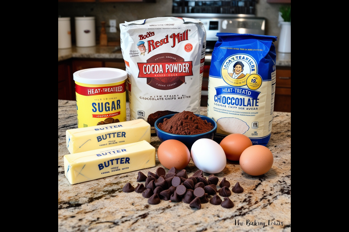 Ingredients for a cookie dough brownie recipe on a kitchen counter.