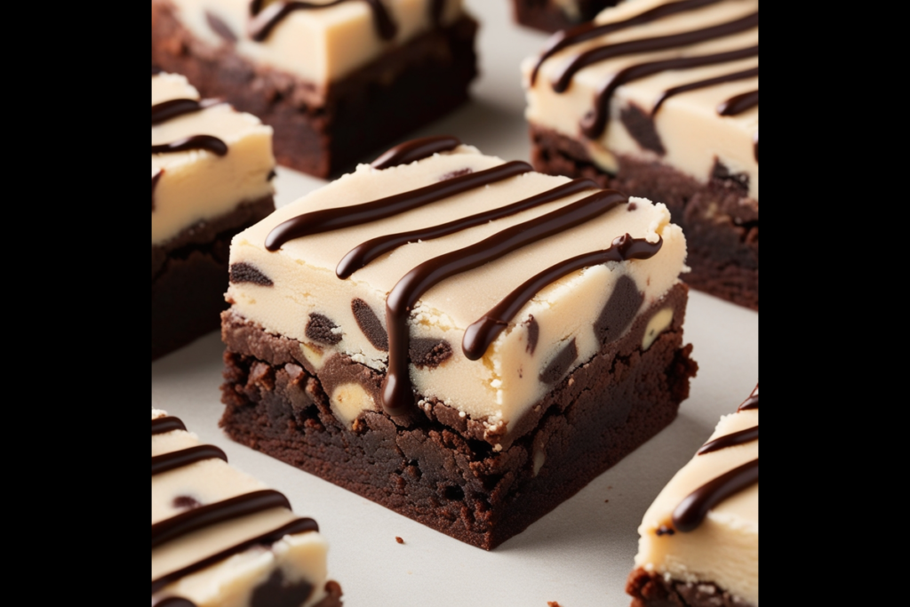 A layered cookie dough brownie with chocolate drizzle.